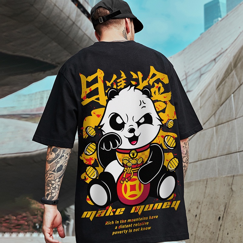 Camiseta De Manga Corta Para Hombre Trend Coreana Suelta Top Oversize  Impreso Panda Camisa