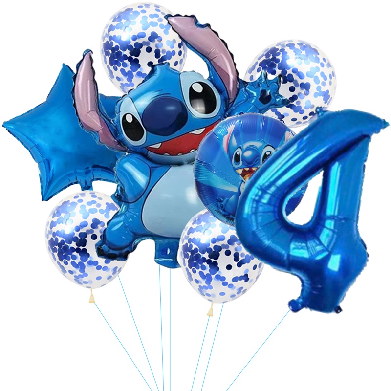 Globos Y Decoración Stitch & Lilo Para Cumpleaños - Azul - Pack Con Globos De Látex, Lámina Y Banderín