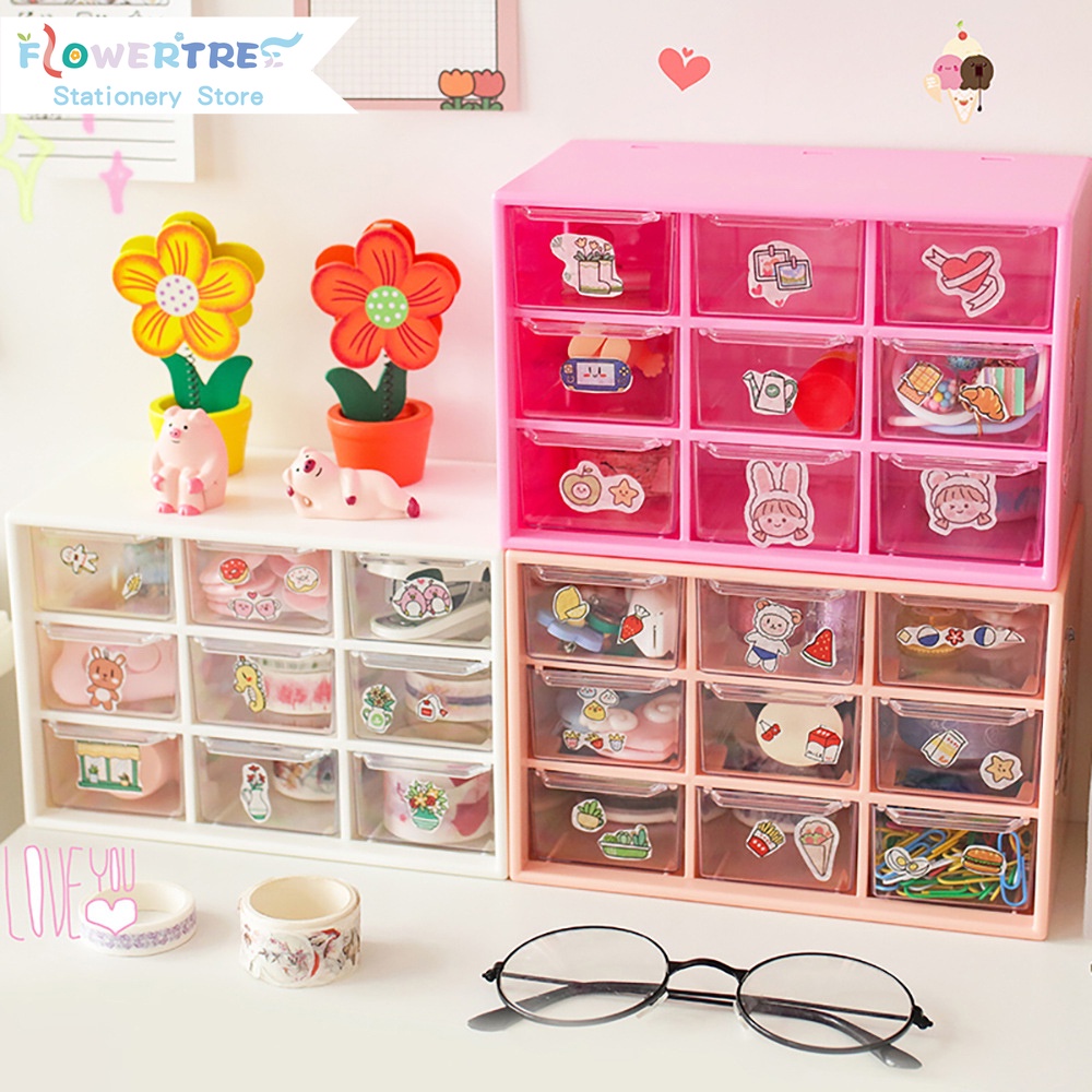 Lindo organizador de cajones, organizador de maquillaje Kawaii Hello Kitty  con lazo rosa, mini organizador de escritorio de 3 cajones, caja de