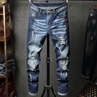 Pantalones Vaqueros El sticos Para Hombre Rasgados Pintados A La