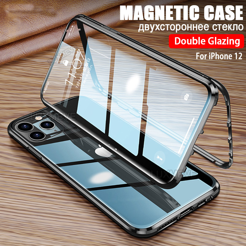 Funda transparente magnética de metal compatible con Iphone 15 Pro Max / 15  Pro, cubierta de vidrio templado de doble cara