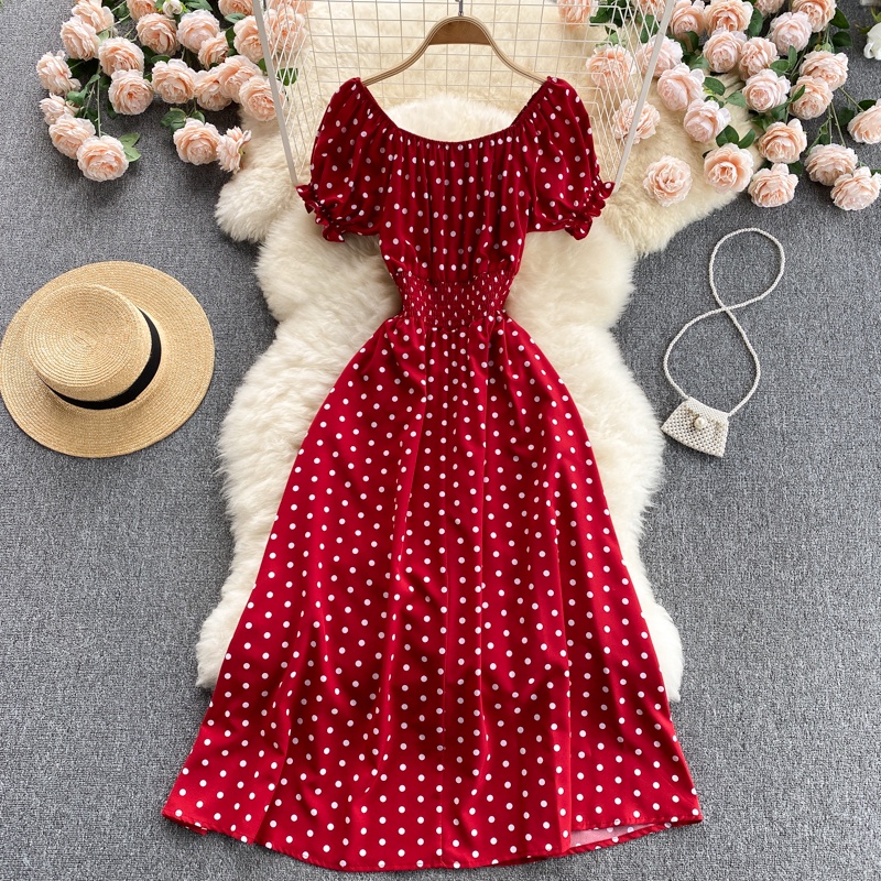Korean polka dot puff sleeve shoulder dress waist slim temperament midi