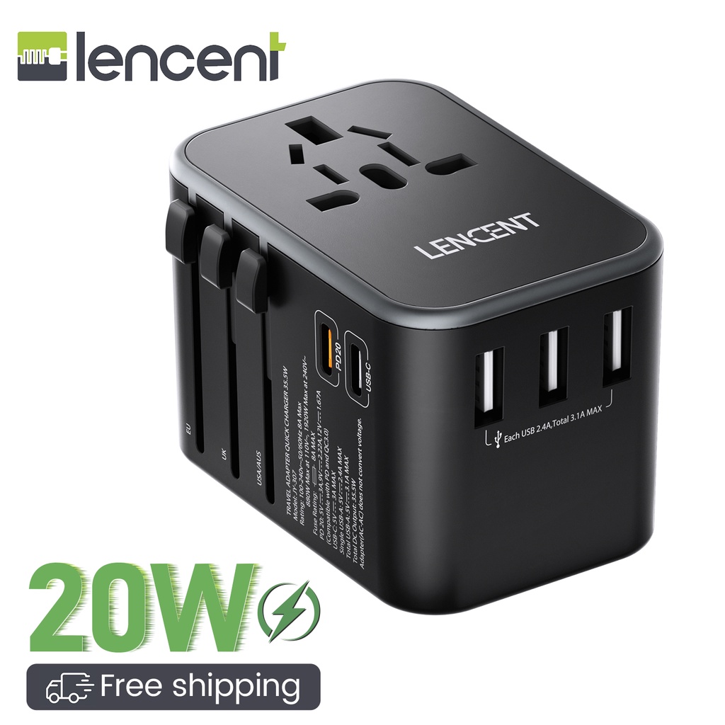 LENCENT 20W Fast Charger Universal Travel Adaptor With UK/USA/EU/AUS ...