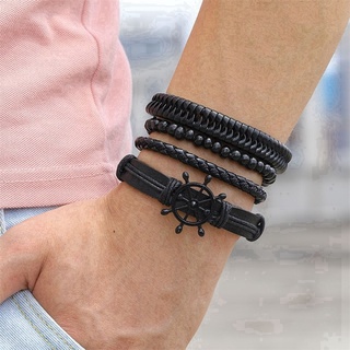 Negro Hombres Pulseras Vintage Multicapa Cuero Trenza De Hoja Hecha A Mano  Cuerda Envoltura Masculino Regalo Joyería