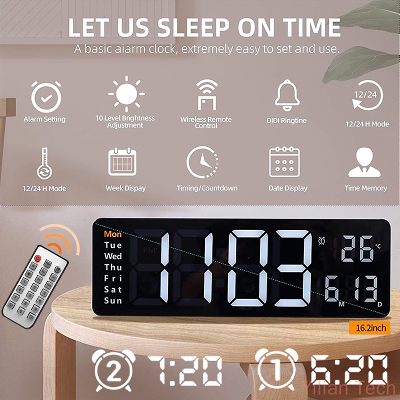 Reloj de pared Digital grande montado en la pared con Control remoto,  temperatura, fecha, memoria de