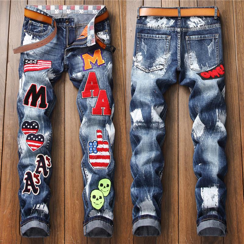 Mens Letra Bordadora Biker Jeans Para Hombres Patchwork Moda Ripped Denim Joggers Negro Slim Fit Pantalones Con Parches Bordado Azul Parche Lavado