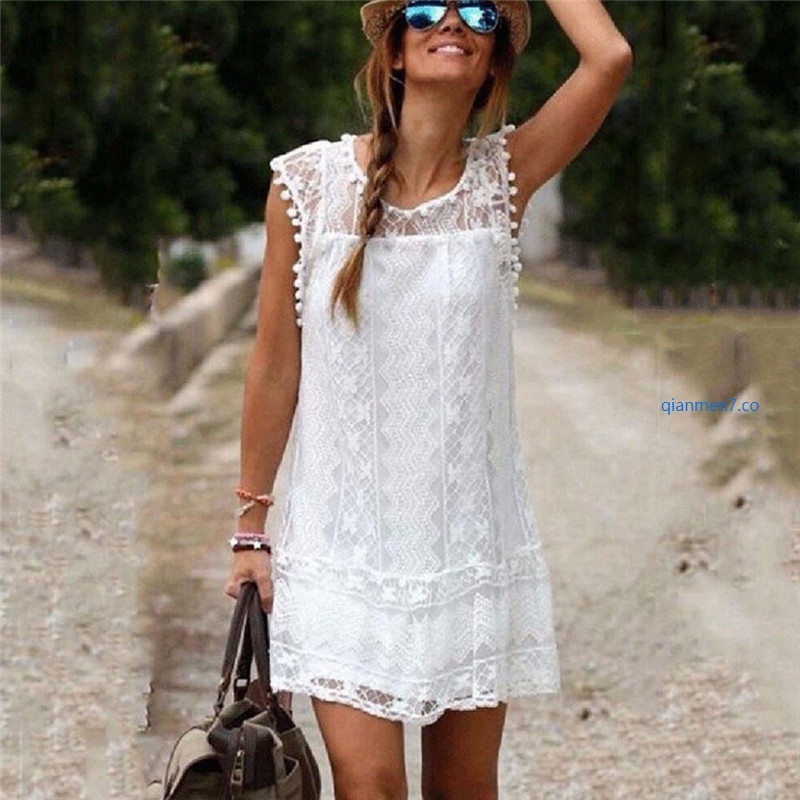 Vestido blanco de verano corto elegante para mujer, vestido de encaje de  algodón de verano blanco