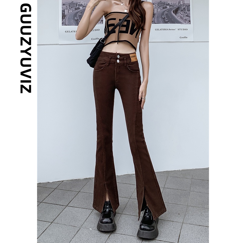 2022 Nuevas Mujeres Pierna Ancha Flare Jeans Cintura Alta Color Sólido  Pantalones De Mezclilla Sueltos Con Bolsillos Caqui