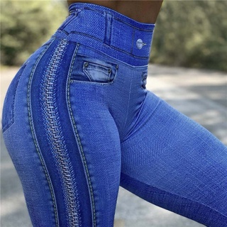 Leggings Para Mujer Slim Faux Denim Jeans Cintura Alta Elástico Pantalones  De Gimnasio Entrenamiento Trotar