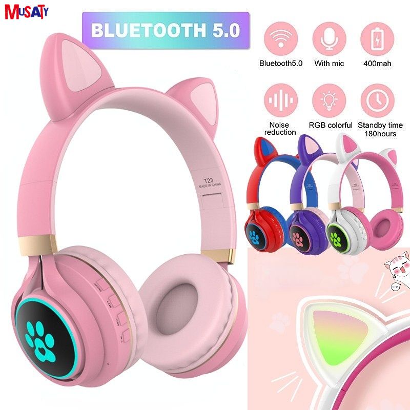 Negro - Auriculares inalámbricos con Bluetooth para niños y niñas,  audífonos con luz Flash, orejas de gato bonitas