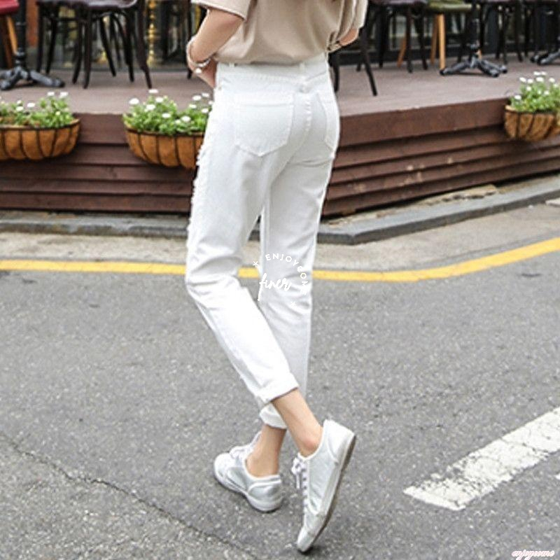 Otoño E Invierno Nuevos Jeans Blancos De Terciopelo De Cintura Alta  Pantalones Recortados Para Mujer Engrosados , Perforados , Sueltos ,  Coreanos Rectos De Ajuste