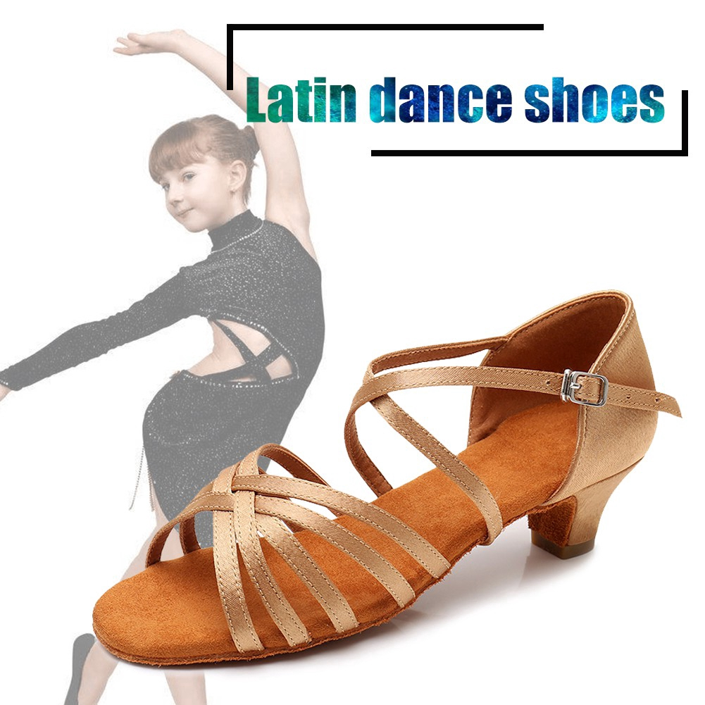  Zapatos de baile latino para mujer, satén dorado