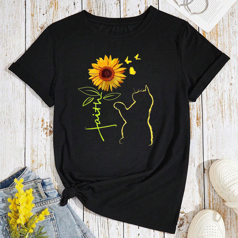 Girasol Y Gato Silueta Y Mariposa Imprimir Nuevo Diseno De La Moda De Las Mujeres Camiseta De Manga Corta Cuello Redondo casual top Primavera Verano Otono Ropa Multicolor Shopee Colombia