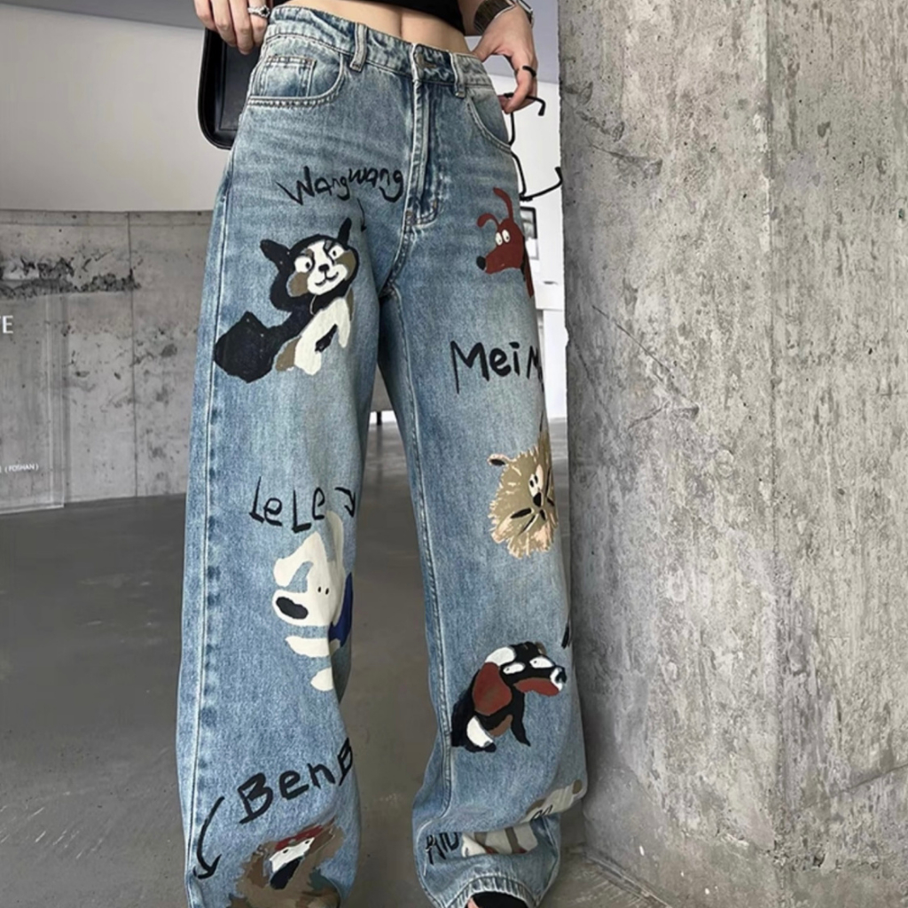 Alta Calle De Las Mujeres Pantalones Vaqueros De Cintura ripped jeans Recta  Pierna Estilo Ancho casual Suelto trou