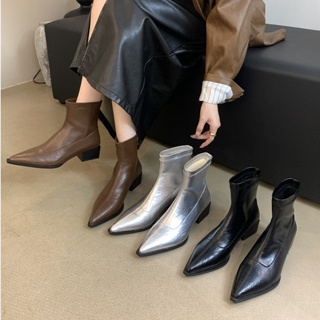 Botas de moda negras elegantes de color sólido para mujer, estilo clásico  con punta cuadrada y tacón grueso