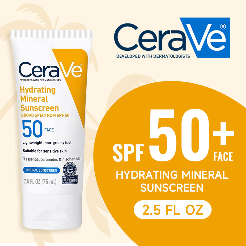 CeraVe Protector solar 100% mineral SPF 50 | Protector solar facial con  óxido de zinc y dióxido de titanio para pieles sensibles | Con ácido