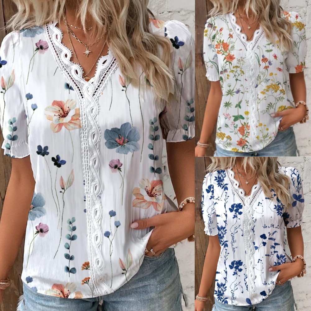 Camisa De Manga Corta Estampada Para Mujer Blusa Con Cuello En V Shopee Colombia