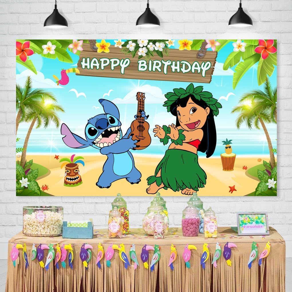 Bannière Décorative Lilo & Stitch – Toile De Fond Anniversaire – Plage Hawaïenne – Personnalisable