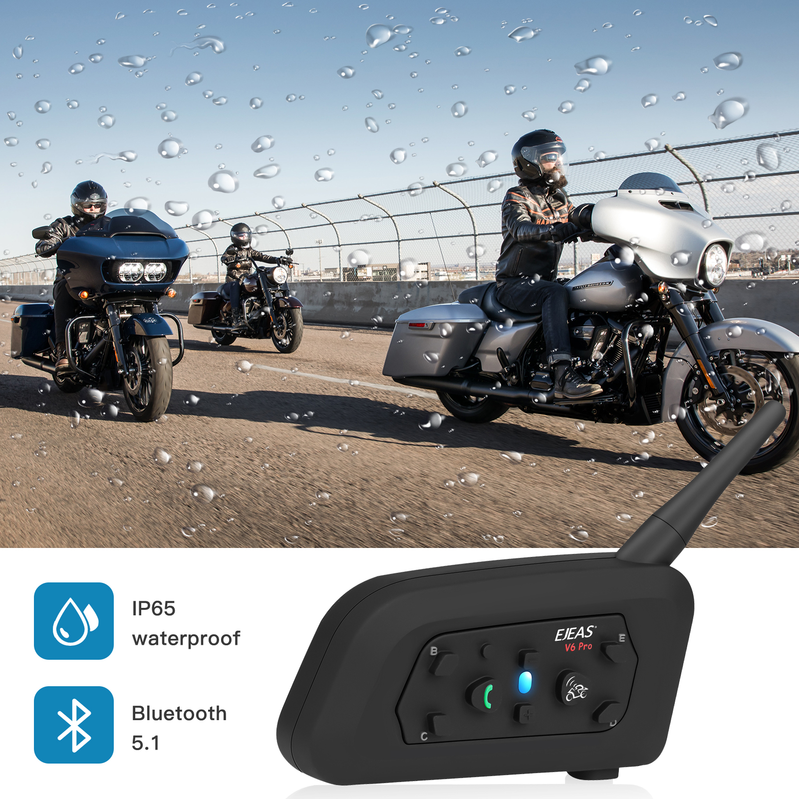 V6 Intercomunicador Bluetooth para casco de motocicleta, Bluetooth 5.1, con  función de llamada manos libres y reducción de ruido, conecta hasta 6