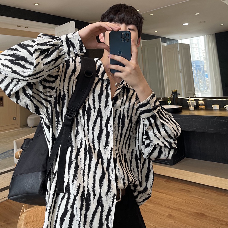 Ruffian Handsome Zebra Patrón Flor Camisa Hombres Manga Larga Estilo ...