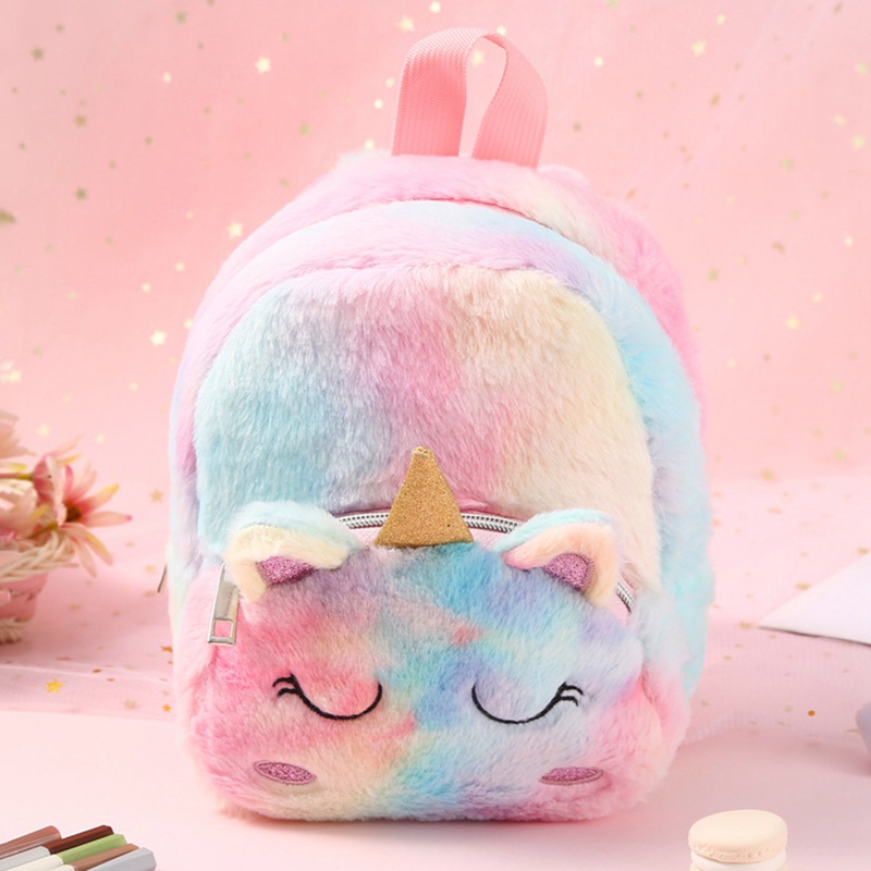 Mini Mochila Infantil Con Tela De Peluche- Unicornio/azul