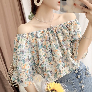 Camisa de gasa floral de un cuello sexy para mujer verano dulce