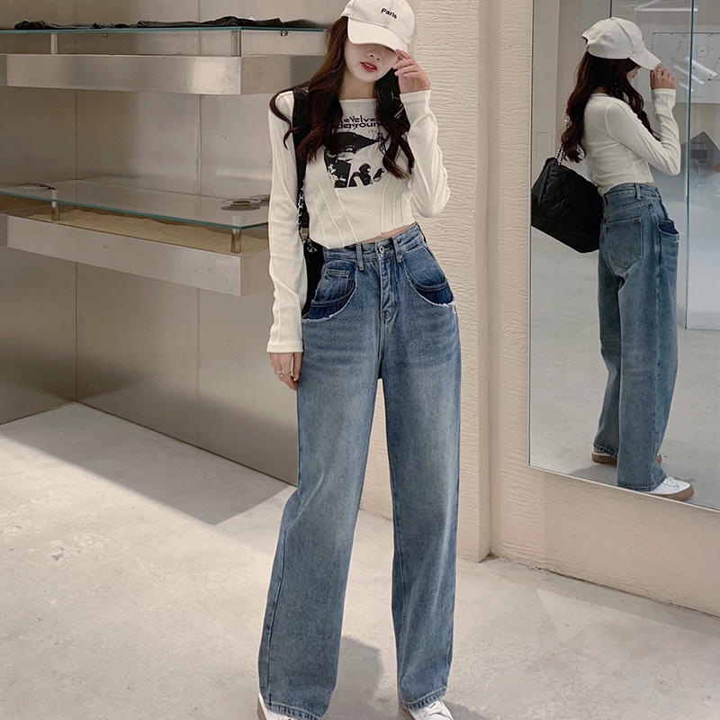Joven Pantalón Pantalones Jeans Ancho Para Las Mujeres Recto Soild Recortados | Shopee Colombia