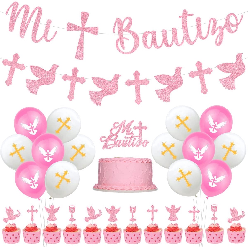  Mi Bautizo - Juego de decoraciones para fiesta de bautismo con  pancarta de fondo Mi Bautizo, guirnalda de globos de oro rosa para niña,  Dios bendiga la primera comunión, bautizo, confirmación