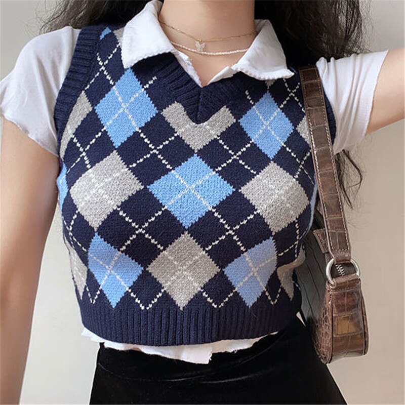2021 Nuevo Argyle Plaid Punto Suéter Chaleco Mujeres Preppy Estilo