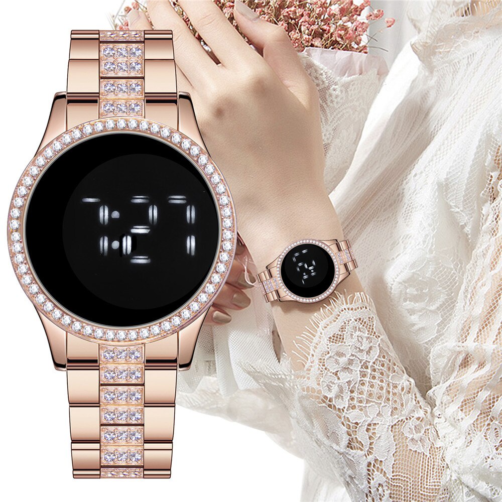 Reloj Digital De Moda Con Pulsera Para Mujer Cuarzo LED Acero Inoxidable  Oro Set