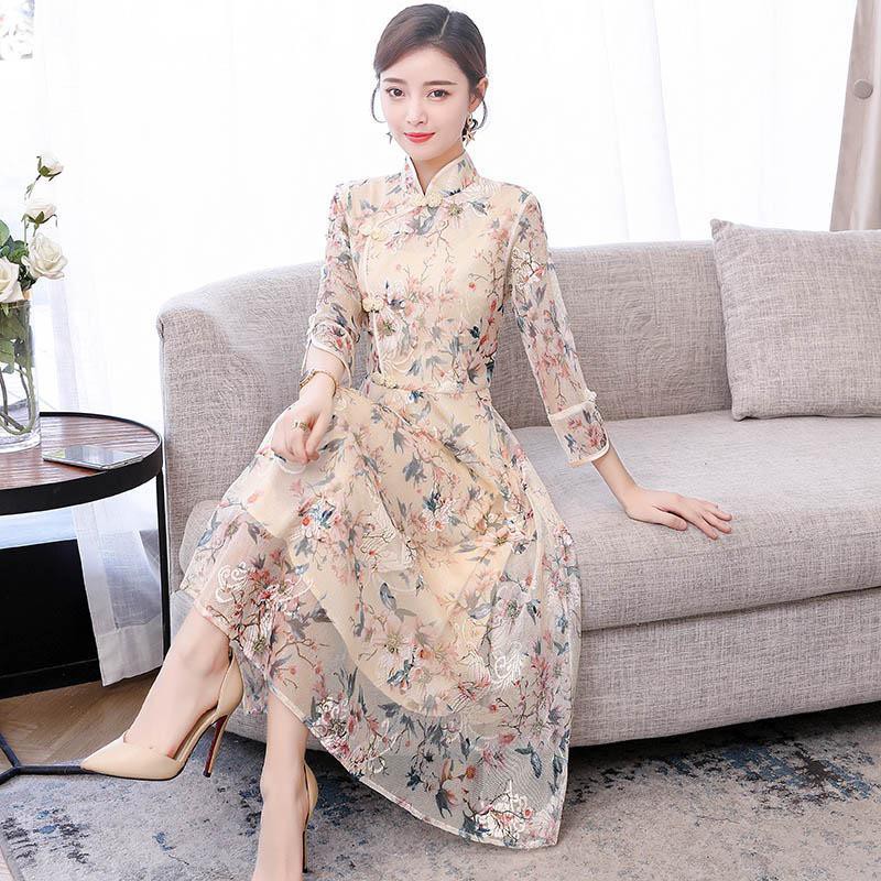Las Mujeres Bordado Vestido Floral De Moda De Encaje Vintage Cheongsam Estilo Mas El Tamano Maxi Vestidos Largos Shopee Colombia