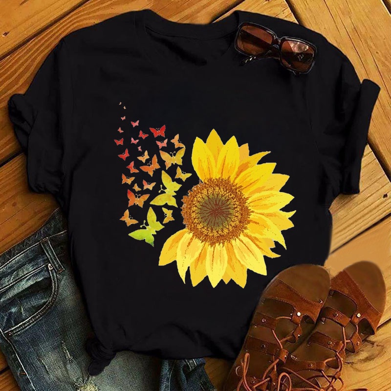 Nueva Camiseta De Verano Para Mujer Con Estampado De Mariposa De Girasol Manga Corta Cuello Redondo Tendencia De Moda Ropa Damas Shopee Colombia