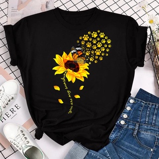 Nueva Moda Mujer Camiseta Negra Girasol Mariposa Perro Pata Impresi n Manga Corta Cuello Redondo Casual Blanco Top Todo Combinado Primavera Oto o