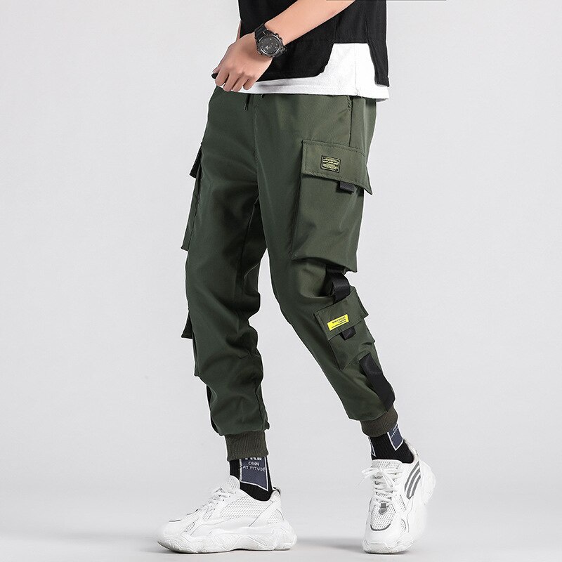 Pantalones Cargo Para Hombre Cinta Lateral Suelta Jogger Negro