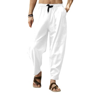 Pantalones casuales de lino para hombre con cintura elástica con cordón  para playa, yoga, pantalones de verano, ligeros y holgados hippie