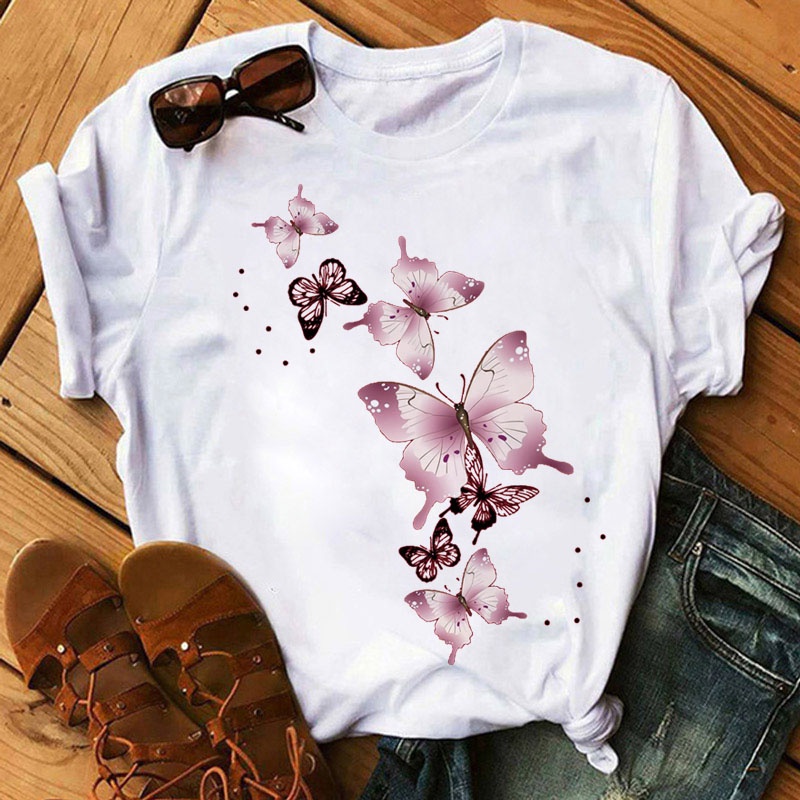 Camiseta De Manga Corta Con Estampado De Mariposa Rosa Para Mujer Suelta Holgada Todo Combinado Moda Para Damas Ropa De Primavera Y Verano