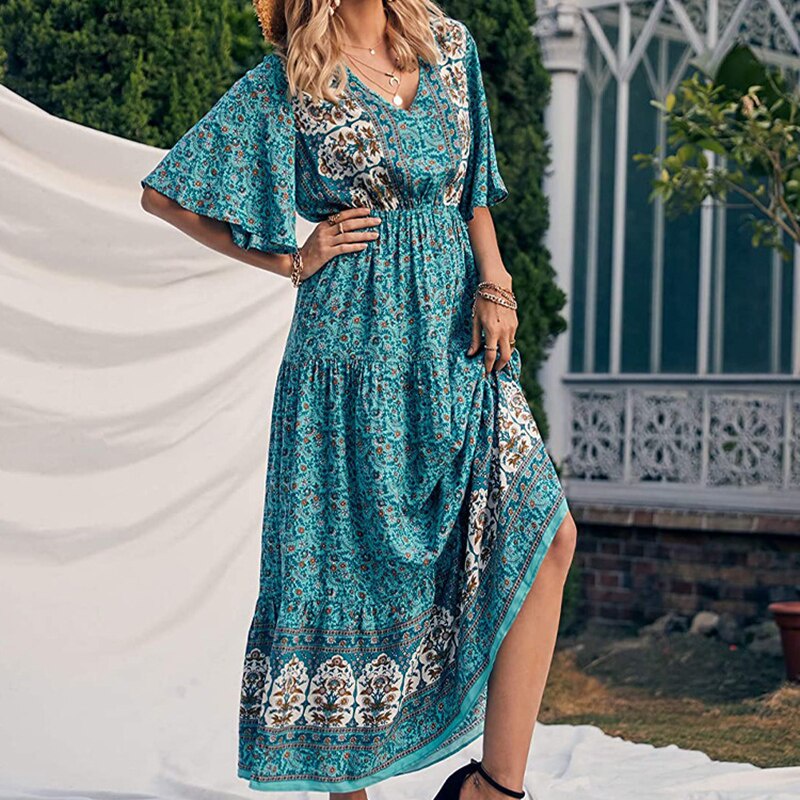 Vestidos de mujer verano 2020 Sexy cuello en V estampado Floral Boho playa  vestido de volantes de manga corta una línea Mini vestido de abrigo vestido  de verano