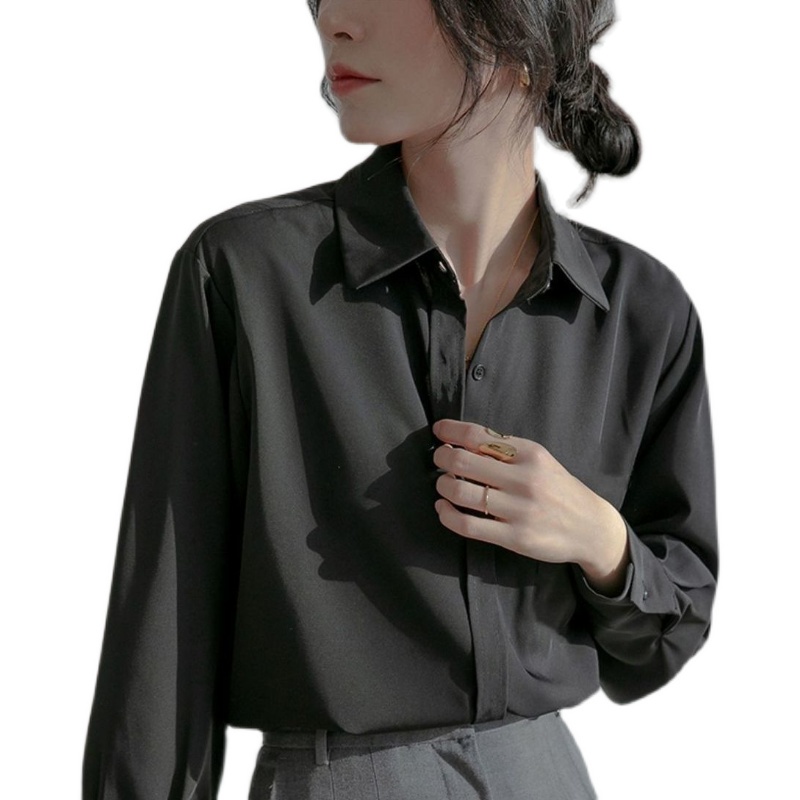 Camisa negra de manga larga para mujer, cuello redondo