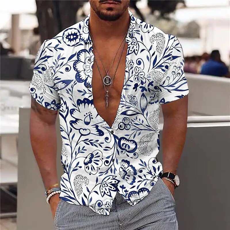 Camisa De Verano Para Hombre, Cuello Alto, Gráficos Geométricos, Impresión 3D, Manga Corta, Informal, Con Flores, Talla N, Azul Claro, S