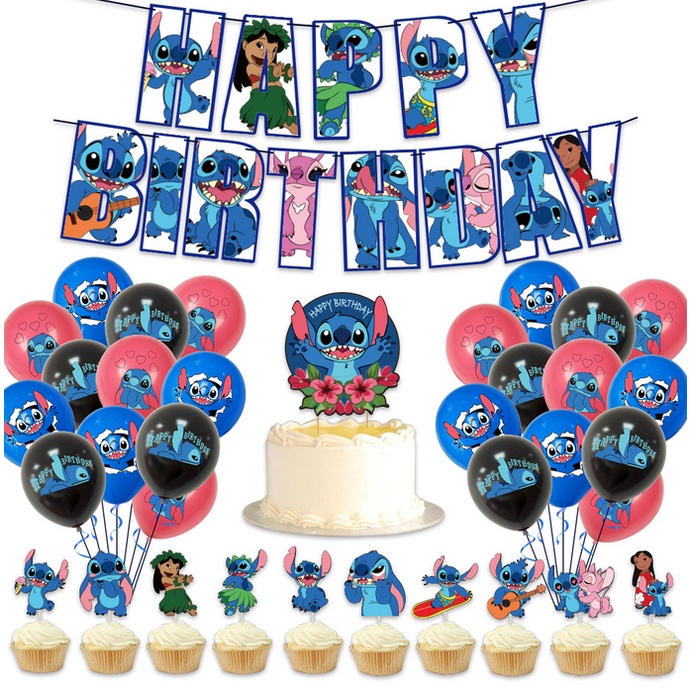 48pcs DSN Disney Lilo & Stitch Globos De Látex + Cake Toppers + Feliz  Cumpleaños Bandera Decoración De La Fiesta