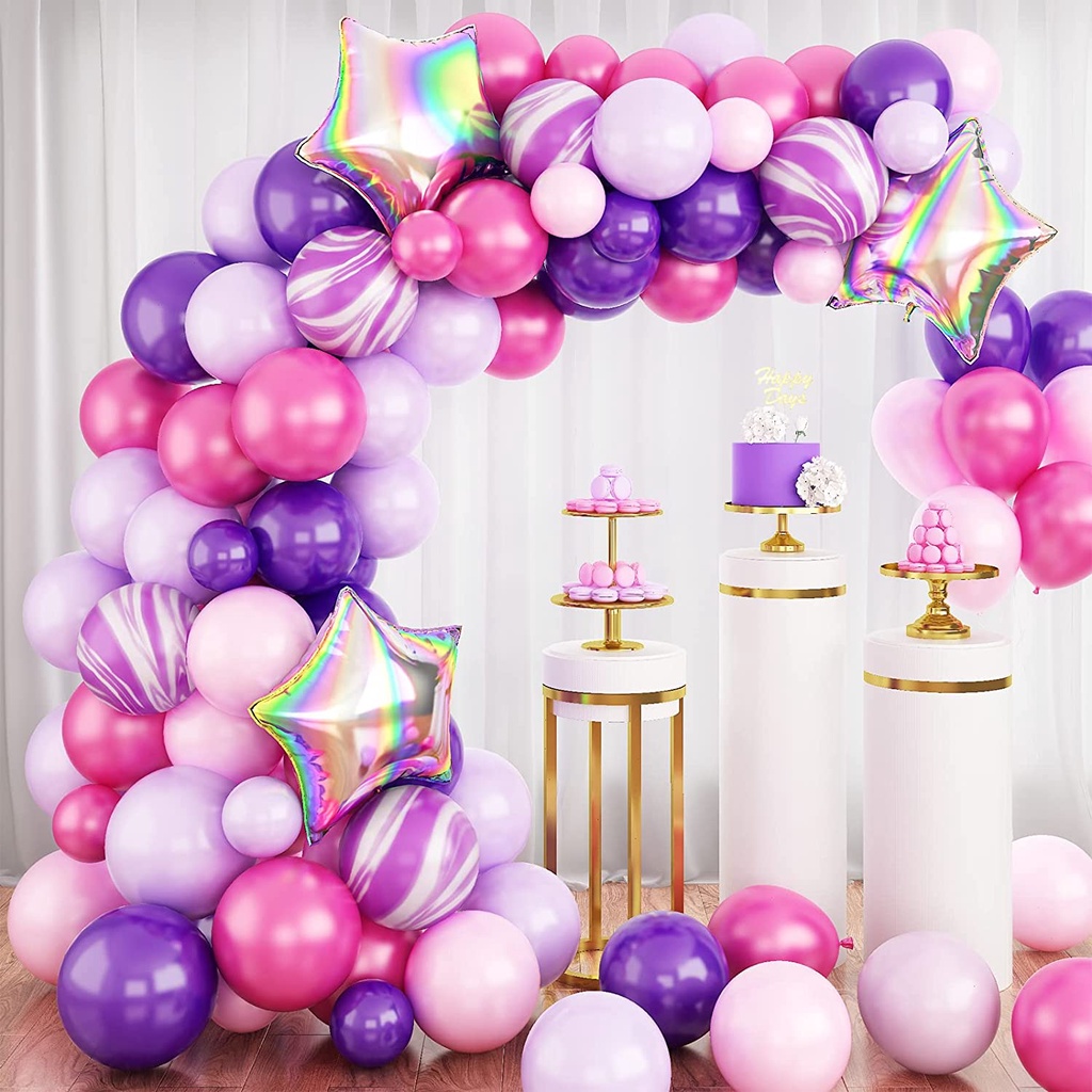 Decoracion Feliz Cumpleaños Plateado Morado Globos Guirnalda Arco