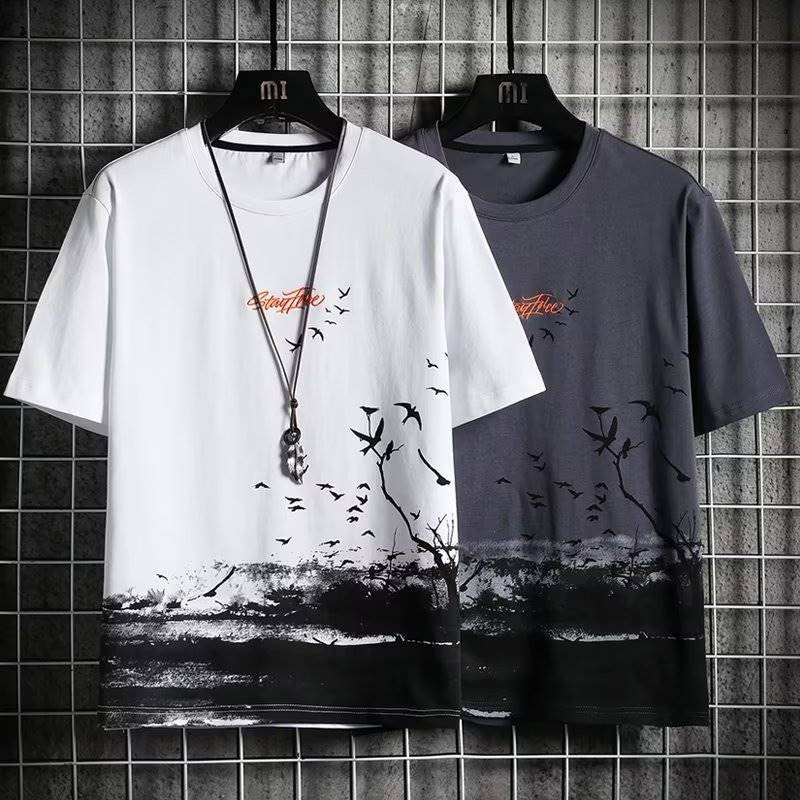 M 5XL Verano Camiseta De Manga Corta Para Hombres Estilo Coreano Streetwear Moda Aves Voladoras Impreso Tops Cuello Redondo Masculino Gr fico