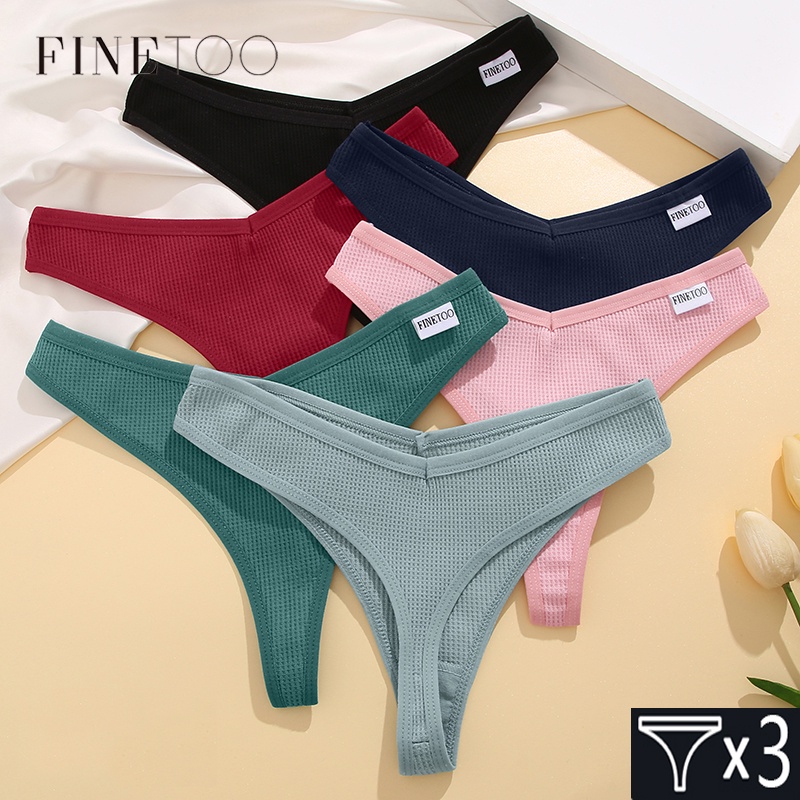 FINETOO Tangas De Algodón Para Mujer 3Pcs/Set Cómodo Waffle G-string Ropa  Interior Femenina De Baja Altura T-Back S-XL Bikini Color Sólido