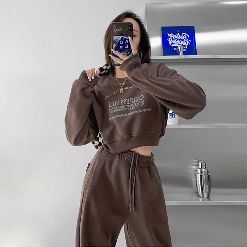 Conjunto De Dos Piezas Para Mujer Traje Deportivo Hip-Hop Street Style  Sudadera De Manga Larga Y Pantalones De Pierna Ancha De Cintura Alta