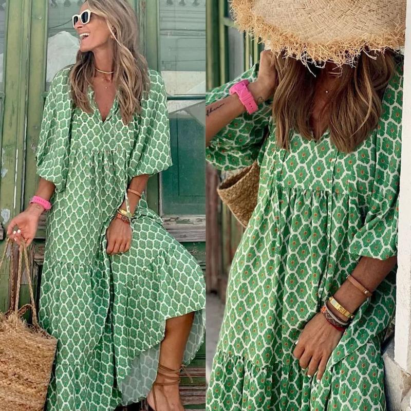 Vestido Mujer Verano 2022 Largo Boho Cuello En V Estampado