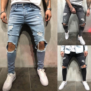 Pantalones Vaqueros Elásticos Rasgados Para Hombre Moda Casual Negro Azul  Verano