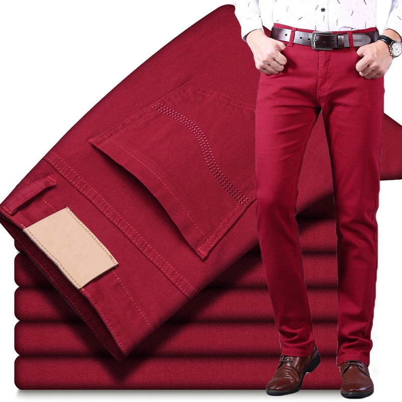 Nuevos Pantalones Vaqueros Rojos Hombre Pantalones Elásticos