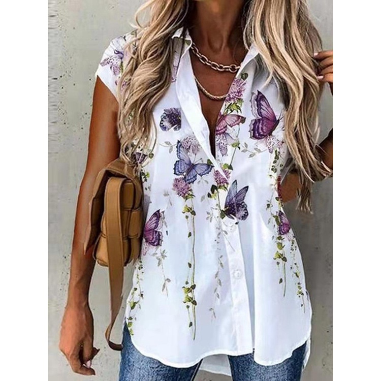 Moda Nueva Camisas De Verano Para Mujer Elegante Cuello Turn down Boton Manga Corta Casual Oficina Blusas Tops Shopee Colombia