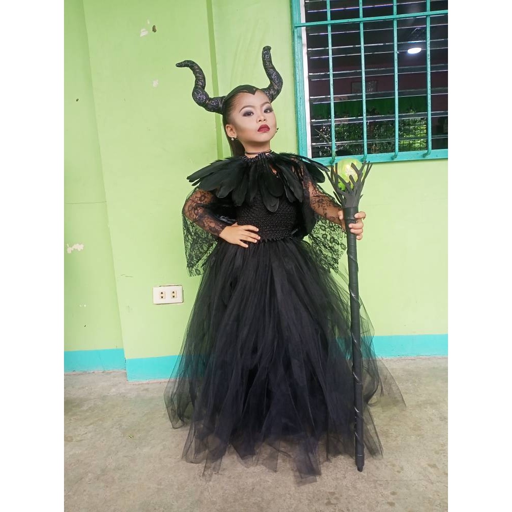 Disfraz De Maléfica Para Niñas – Vestido De Tul, Cuernos, Alas, Chal De Plumas, Mangas De Encaje Y Cuervo Falso, Ideal Para Halloween Y Cosplay
