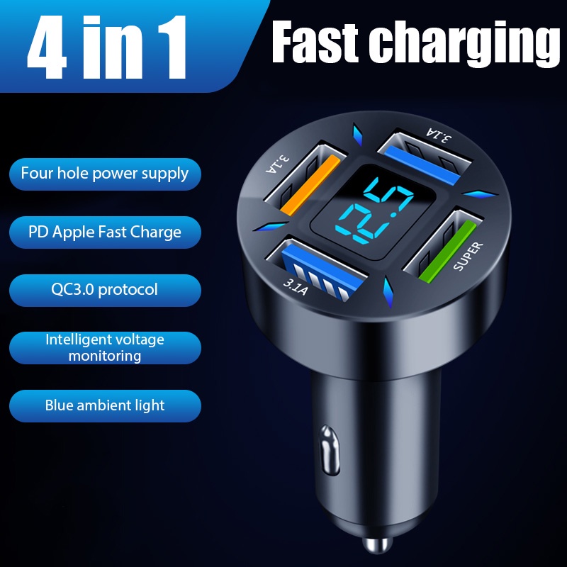 Cargador De Coche De 3 Puertos USB QC3.0 PD Carga Rápida Interruptor Táctil